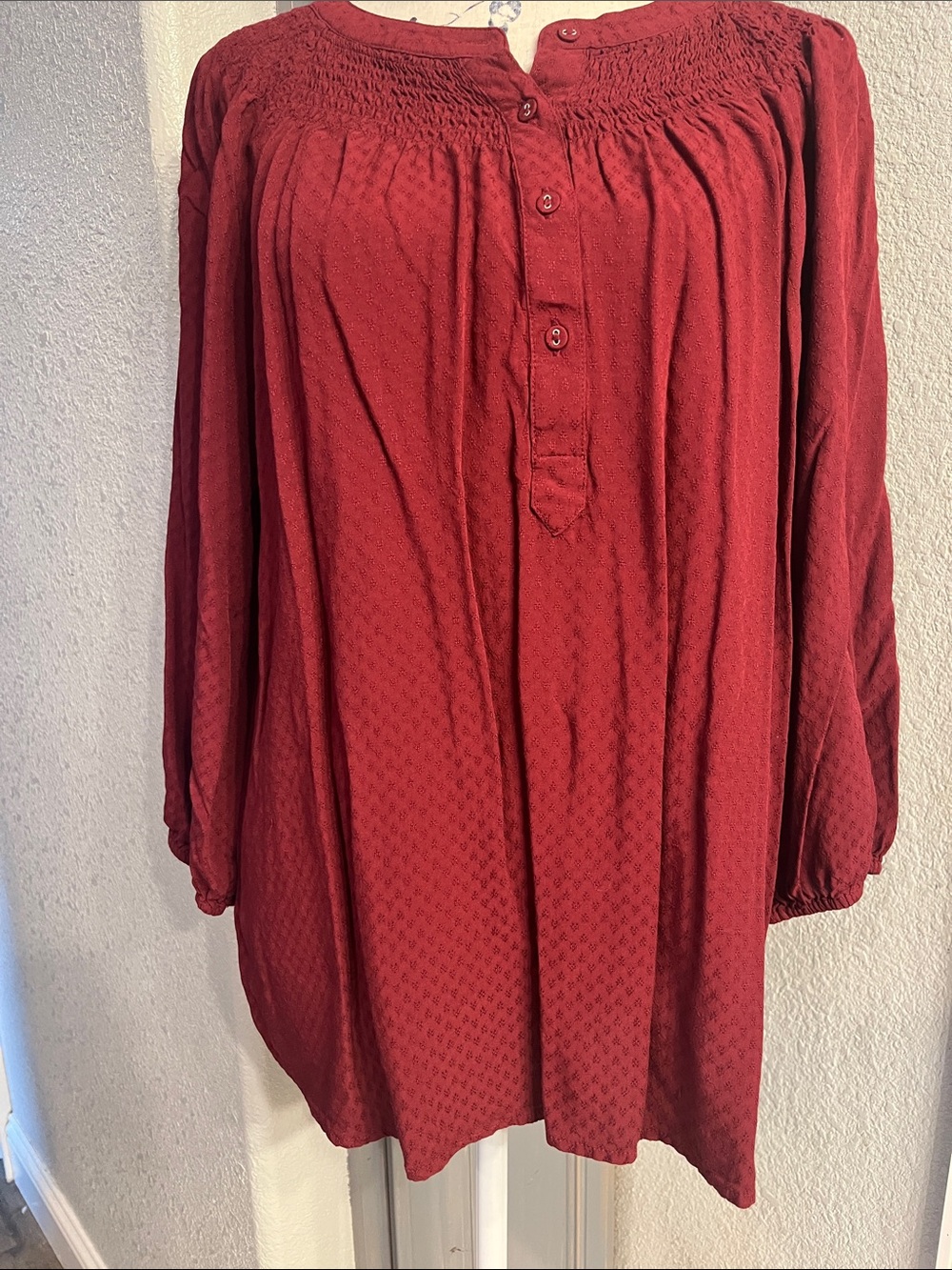 croft & barrow Red Long Sleeve Smocked Yoke Blouse